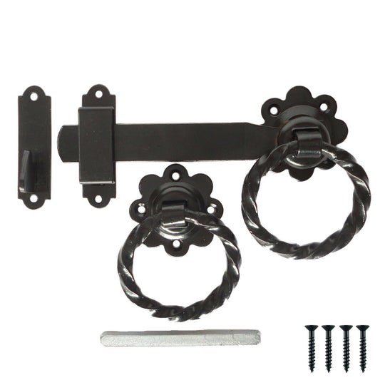 Twisted Ring Gate Latch Catch 6" Black inc Screws