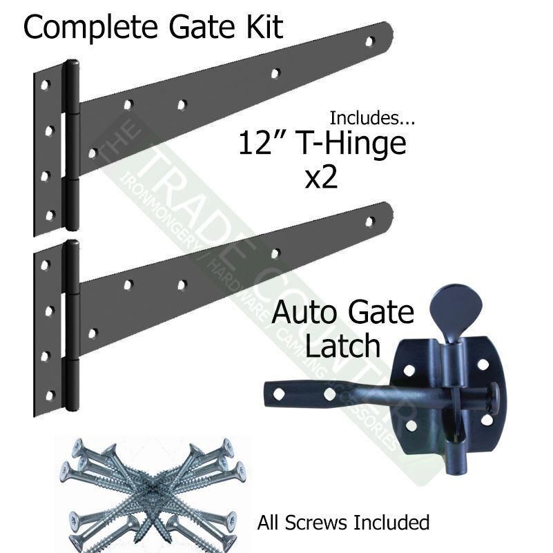 Single Gate Fixing Kit Hanging - 2 x 12" T-hinges, 1 x Auto Catch Inc Screws