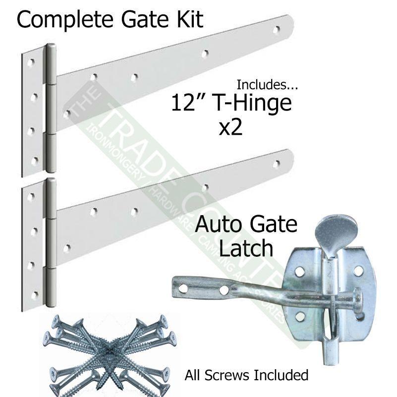 Single Gate Hanging Fixing Kit - 2 x 12" T-hinges, 1 x Auto Catch Inc Screws